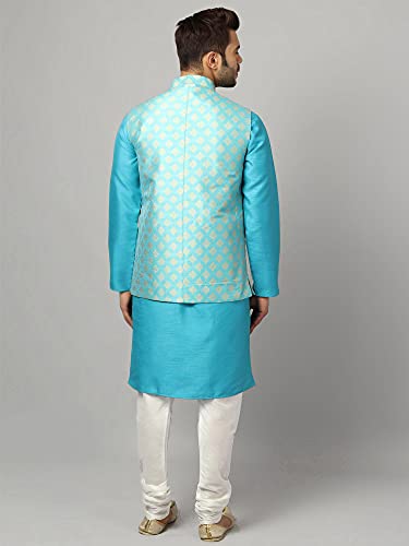 Uri and MacKenzie Men's Silk Blend Regular Kurta Churidar Pyjama with Bundi Nehru Jacket/Waistcoat