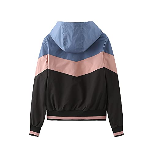 Women's Color Block Waterproof Raincoat Outdoor Hooded Zip Up Rain Jacket Windbreaker3