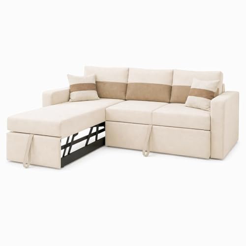 Image of FURNY Soria 4 Seater LHS Lounger Sofa Cum Bed (Cream-Beige) with Pull-Out Function | Luxury Velvet Suede Finish | Durable Comfort | Ideal for Living Room