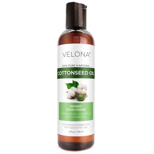 Cotton Seed Oil by Velona - 4 Fl Oz | 100% Pure and Natural Carrier Oil | Refined, Cold pressed | Cooking, Skin, Face, Body, Hair Care | Use Today - Enjoy Results