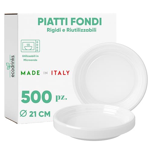 ecodrinks - 500 Piatti Fondi Bianchi da Ø21cm - RIUTILIZZABILI - Base Antiscivolo, Robusti e Lavabili - Ideali per Sagre, Feste, Eventi - Scelta Ecologica e Sostenibile