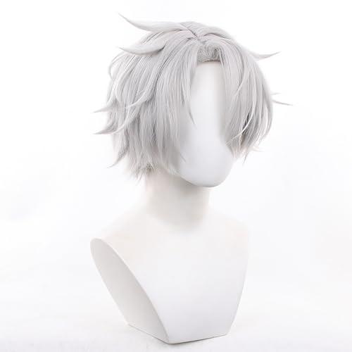 Image of Phainon Hero Character Anime Grey White Wigs Men Short Straight Wig with Side-Part Bangs Women Adult Halloween,Christmas,Comic con,Party