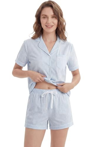 Image of LUBOT 100% Cotton Pajamas for Women 2 Piece PJ Set Poplin Woven Lightweight Ladies Button Short Sleeve Sleepwear S-XXL