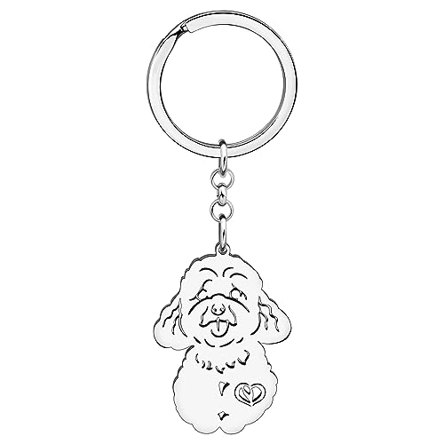 WEVENI Niedlicher Hunde-Schlüsselanhänger, 18 Karat vergoldet, Edelstahl, Schlüsselanhänger, Ring, Zubehör, Charms, Hundeliebhaber, Geschenke für Frauen und Mädchen, Versilberter Pudel, 44mm x 53mm