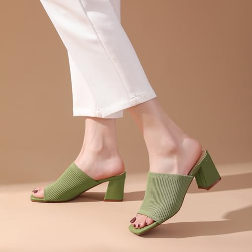 Image of Tilocow Knit Heeled Sandals for Women Square Open Toe Heeled Mules Chunky Block Low Heel Slip On Slides