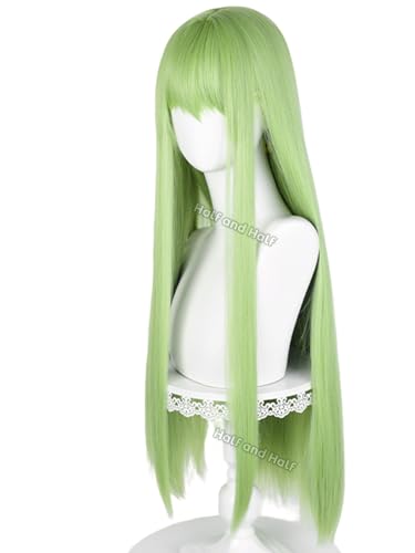 Image of Half and Half Long Straight Green Anime Cosplay Wig Deep Green Women's Wigs with Bangs 31.5'' Green Wig for Halloween Party Costumes