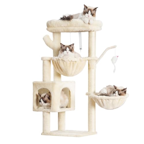 Heybly Arbol Rascador para Gatos, Arbol Gato de 100 cm de Altura con Plataforma Grande, Cueva, 2 Hamacas, Juguetes y Árbol para Trepar con Rascador, Beige HCT006SM