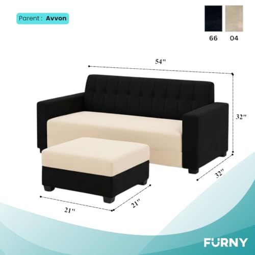 Image of FURNY Luxora 2 Seater Fabric Sofa Set with 1 Ottoman (Black-Cream) with Velvet Finish | Durable Comfort | Ideal for Living Room. | Breathable material