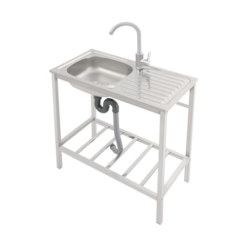 Freestanding Kitchen Sink Unit with Stand Stainless Steel Catering Workstation and Utility Trough Basin for Commercial Garage Use with Storage Shelf 75 cm Silver