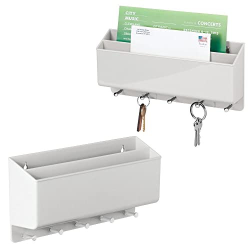 mDesign boîte à clés Pratique pour Couloir et Cuisine (Lot de 2) – boîte a clés Murale compacte avec 2 Compartiments pour Le courrier et 5 Crochets – Range-courrier en Plastique – Gris Clair