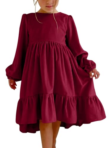 Haloumoning Girls Velvet Dress Long Sleeve Crew Neck A-Line Tiered Elegant Party Holiday Dresses 5-14Y