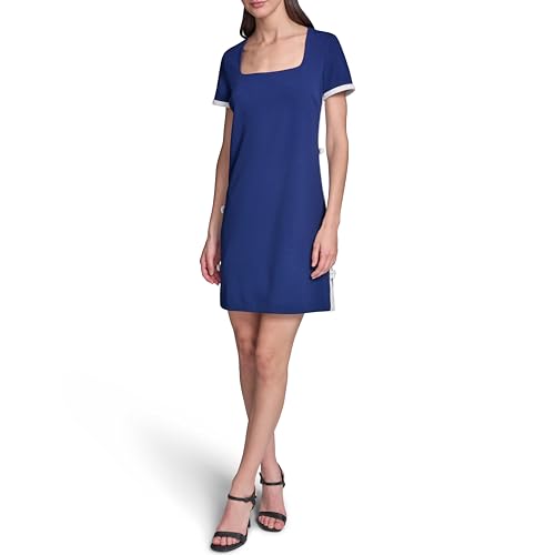 Image of Karl Lagerfeld Women's Short Sleeve Square Neck Bow Embellished Shift Mini Dress