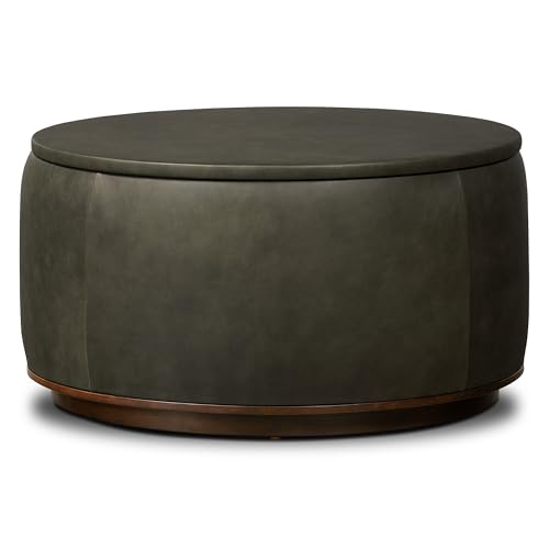 Image of Poly & BARK Herve Storage Ottoman in Olivine Green - Round Italian Full-Grain Leather Ottoman with Hidden Storage, Walnut Wood Base, Premium Accent Furniture, and Living Room Storage Solution