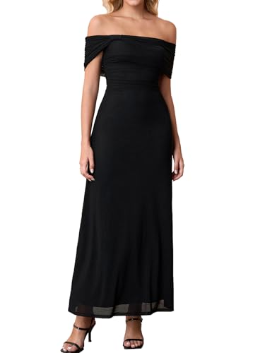 Image of KUTUMAI Women Floral Off Shoulder Maxi Dress Summer Ruched Bodycon Long Formal Wedding Guest Dresses 2026