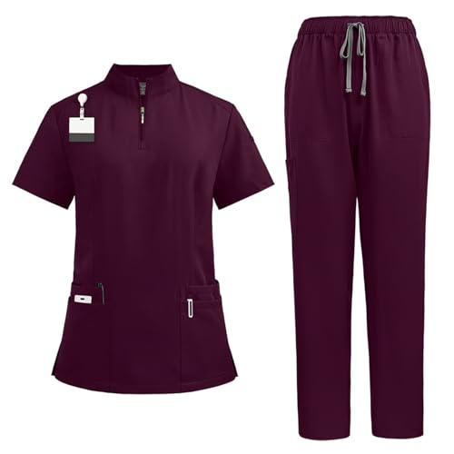 Meichoon uniforme médico de mujer con cremallera, manga corta, cordón elástico, pantalón de yoga, transpirable, absorbente y de secado rápido DK50Wine Rojo L