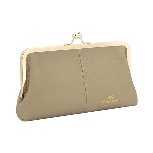 Image of Royal Bagger RFID Kiss Lock Wallet, Solid Color Multi-card Slots Card Holder, Genuine Cow Leather Clutch Purses for Women 1468 (Grey)