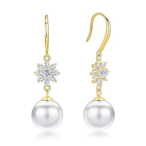 925 Sterling Silver Pearl Drop Earrings for Women, 10mm White Pearl Hypoallergenic Dangle Earrings, 14K Gold Plated CZ Jewelry for Wedding Party Daily Gift