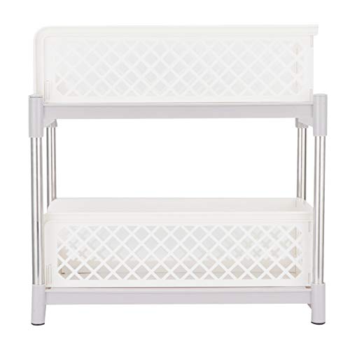 Organizador de cesta deslizante para baño de 2 capas |Cajones extraíbles para almacenamiento debajo del fregadero/cocina/oficina |Instalación sin taladro, gabinete blanco