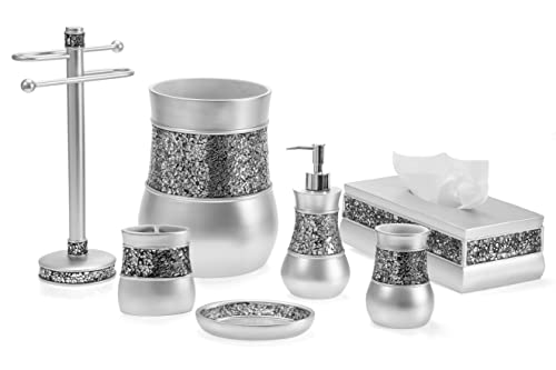 Image of Crackled Glass Silver Tissue Box Cover Rectangular - Decorative Bling Tissue Box Holder With Beautiful Mosaic Glass - Elegant Tissue Holder For Bathroom With Durable Bottom Slider (Silver Collection)