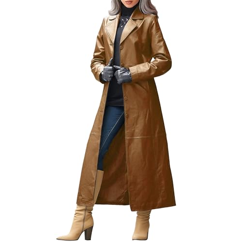 Gabardina vintage de piel sintética para mujer, corte holgado, cierre de botones delanteros, cuello clásico con solapa, color marrón, talla extragrande.