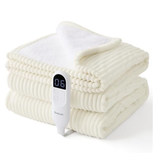 Image of Bedsure Ribbed Electric Blanket Twin, Coconut White Heated Blanket, Preheat | Fast Heating, 6 Heat & 6 Timer (Up to 10H) Settings, 8 Hours Auto-Off, ETL & FCC, Flannel Sherpa, Gifts for Grandma, 62 inchx84 inch