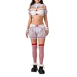 Women Sexy Halloween Clown Costume Short Puff Sleeve Crop Top Lolita Bloomers 6 Pcs Halloween Scary Clown Accessories (Gray, XL)