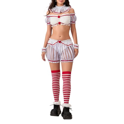 Women Sexy Halloween Clown Costume Short Puff Sleeve Crop Top Lolita Bloomers 6 Pcs Halloween Scary Clown Accessories (Gray S)