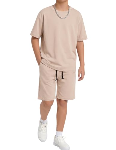 Image of Arshiner Boys Drop Shoulder T-Shirt & Drawstring Waist Shorts Summer Casual Outfits (5-12 Years)