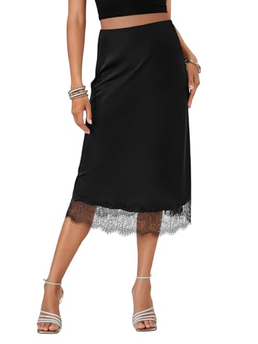 Vrtige Women's Satin Midi Skirt Elegant Silky Lace Trim High Waist Zipper Midi Skirt