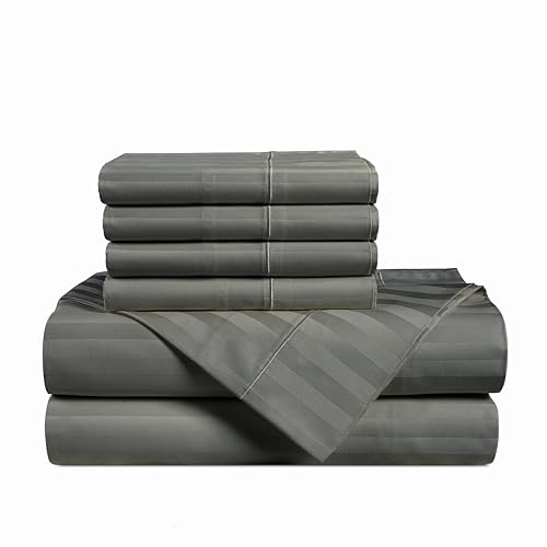 Casa Platino 100% Egyptian Cotton Sheets King Size Set - 6 Pieces - Damask Stripe- Ultra Smooth Sateen Weave Bed Sheets Set with 15" Deep Pockets - Dark Grey