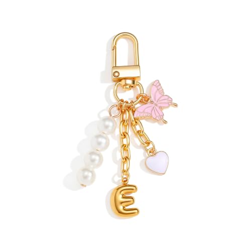 wavaiov Bubble Initial Keychain, Cute Pearl Heart Butterfly Bag Charm Key Chain Accessories