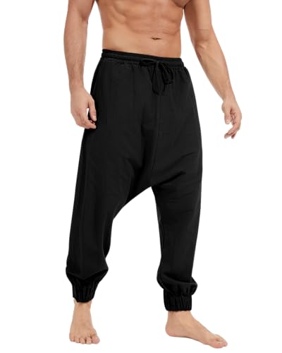 NANAMEEI Wikinger Hose Herren Leinen Haremhose Mittelalter Stil Freizeithose mit Elastikbund für Halloween Gothic Hose Schwarz M
