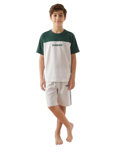 Image of Li'l Tomatoes Boys 100% Cotton Night Suit Set | Half Sleeve T-Shirt & Shorts | Color Block & Typography Print | Soft & Breathable Sleepwear | Casual Summer Wear | 9-16 Years