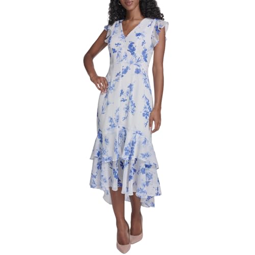 Image of Tommy Hilfiger Women's Flutter Sleeve V-Neck Ruffle Trim Hi-Lo Midi Dress