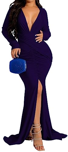 Image of Women's Elegant Formal Mermaid Maxi Dress Off Shoulder Long Sleeve Wedding Split Evening Gown Prom Cocktail Party Dresses