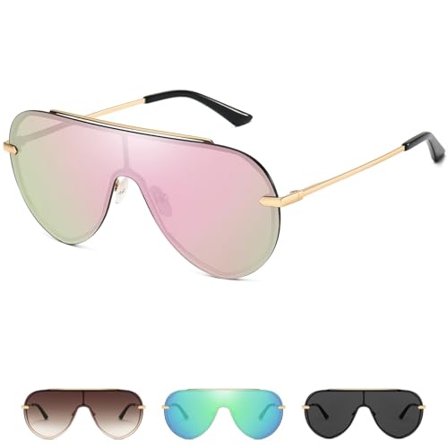 GMKATEYE Pink Mirrored Y2K Shield Sunglasses for Women, Retro Rimless Glasses with UV400 Protection, Oversized Aviator Shades Rave & Fashion Gifts for Womens