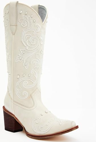 MissHeel White Cowboy Boots for Women Mid Calf Wedding Boot with Pearls2