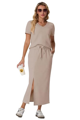 Image of GRECERELLE Women Summer Casual 2 Piece Sets V-Neck Wrinkle-Free Top & Elastic Waist Midi Side Slit Skirt with Pockets