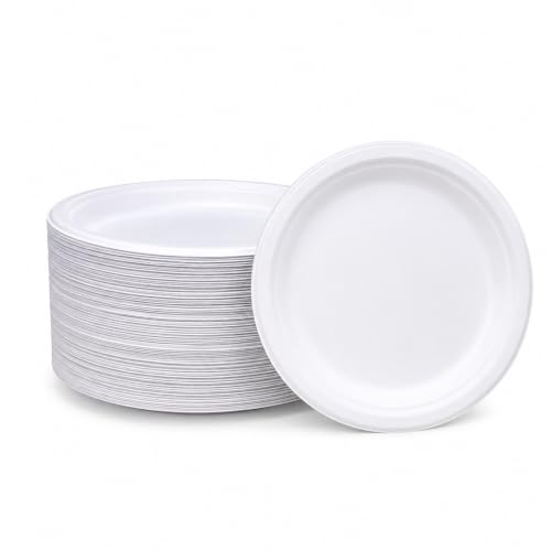 Image of Bonkaso 6 Inch, Pack of 100 Bagasse Disposable Round Plates (White)| Eco-Friendly Sugarcane Paper Plates | Biodegradable, Compostable & Sturdy | Ideal for Snacks, Desserts, Parties, Weddings & Events