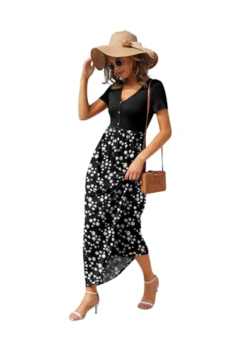 Image of GRECERELLE Womens Summer Long Maxi Dresses 2026 Short Sleeve V Neck Casual Button Dress with Pockets