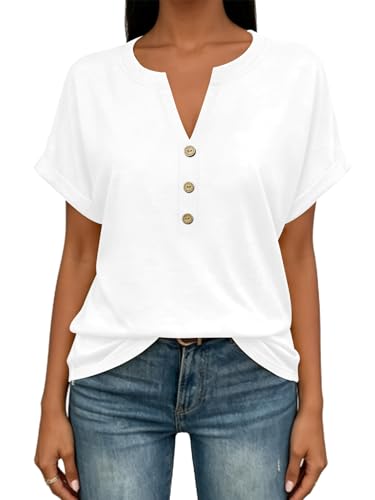 Image of EyMuse Womens Short Sleeve Henley Tops Fashion Casual V Neck Summer Tshirt | Summer Button Up Top Fashion Soft Basic Tees Blouses Spring Comfortable Classic Clothing Resort Wear for Women 2026