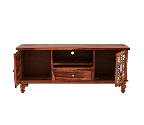 Image of Solid Wood TV Unit for Living Room 55 Inch Furniture - Wooden TV Unit with Storage Cabinet with 1 Drawr, 3 Shelves Wooden TV Cabinet for Living Room - Fits up to 55-Inch TV (Weston)
