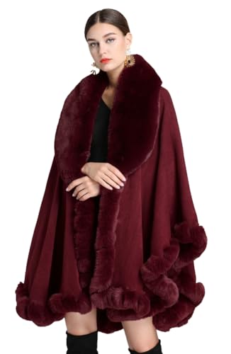 Image of Women Poncho Cape Faux Fur Collar Knitted Cardigan Sweater Batwing Long Sleeve Shawl Wrap Coat Oversized Cloak