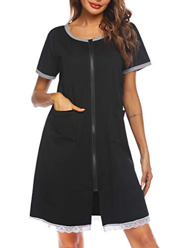 Ekouaer Women's Sleepwear Zip Front Duster/Short Sleeve Duster/Housecoat/House Dress/Nightgown