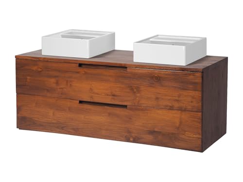 Vente-unique-Mobili per bagno sospeso con lavabo doppio 2 cassetti 115 cm in Teak scuro - BIMBING