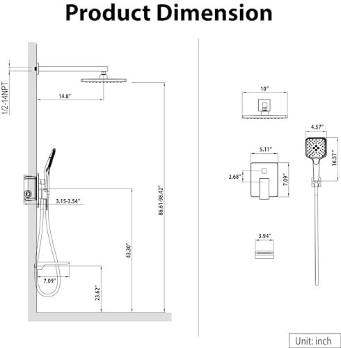 Image of Gabrylly Shower System with Tub Spout, Wall Mounted Tub Shower Faucet Set for Bathroom with High Pressure 10 inch Rain Shower head and 3-Setting Handheld Shower Head Set,Chrome