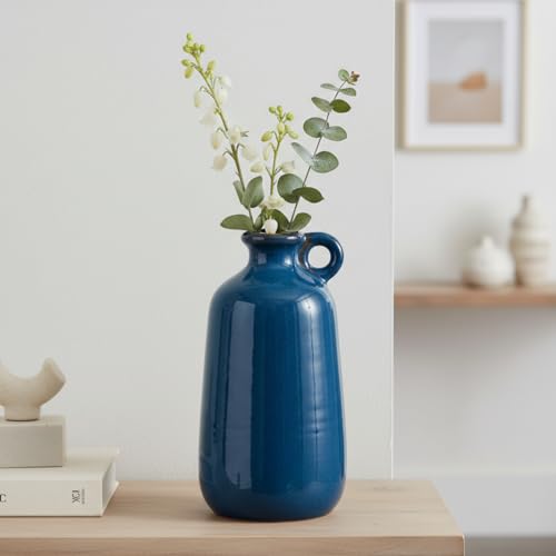 Sunddo Blue Ceramic Flower Vase 10 Inch - Tall Modern Decorative Vase with 1 Handle, Cobalt Blue Decor for Entryway & Mantel, Living Room, Table Decor