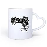 AYUEHBN Herzförmiger Keramikgriff Neuartige Tee- oder Kaffeetasse Bud Blätter Zweig Blumen Orchidee 11oz/320ml Spülmaschinenfest, mikrowellengeeignet, für Büro und Zuhause