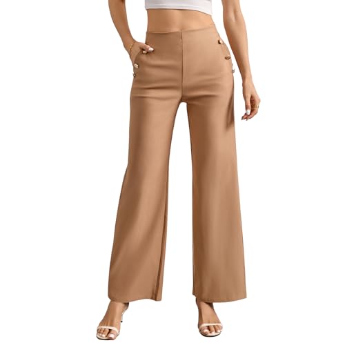 Lishang Pantalones Anchos Mujer Verano Pantalones de Vestir Mujer con Botones con Bolsillos Pantalon Verano Cintura Alta Elasticos Camel L