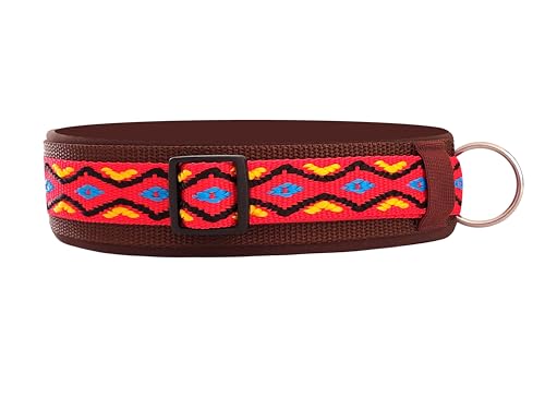 BUDDYPACK-Halsband Extra-Breit & Weich mit Neopren-Polster für Kleine und Große Hunde (Rot-Bunt auf Braun, Größe S/M)